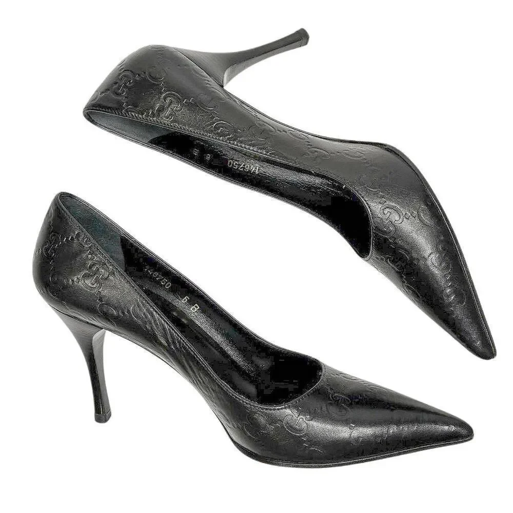 Gucci Black Double GG Monogram Logo Embossed Pointed Toe Heels Size 6 Pumps